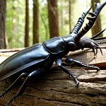 **

A majestic stag beetle (Lucanus cervus) male with enormous antlers locked in battle with another male on a decaying oak log in a lush Turkish forest. Sunlight filters through the canopy, highlighting the intricate details of their mandibles and exoskeletons. Emphasize the aggressive posture and display of power.

**