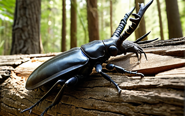 **
A majestic stag beetle (Lucanus cervus) male with enormous antlers locked in battle with another male on a decaying oak log in a lush Turkish forest. Sunlight filters through the canopy, highlighting the intricate details of their mandibles and exoskeletons. Emphasize the aggressive posture and display of power.
**