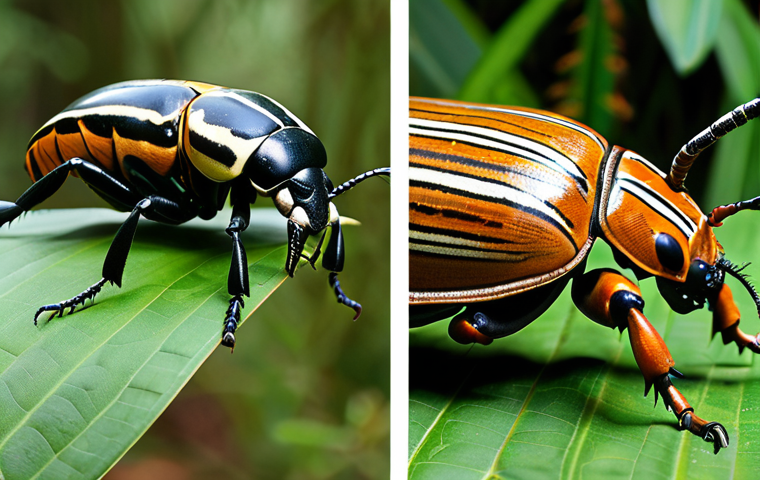 The Heavyweight Champion & Speedster**

A split image. On one side, a close-up of a massive Goliath Beetle, showcasing its size and intricate patterns on its exoskeleton, set against a backdrop of a lush, tropical African forest. On the other side, an Australian Tiger Beetle mid-sprint, blurred background to emphasize its speed, detail its large eyes and striking patterns.

**