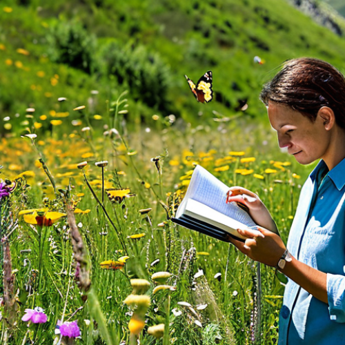 Home 25 A professional entomologist, fully clothed in appropriate, modest outdoor attire, gently observing vibrant butterflies in a sun-drenched, biodiverse summer meadow in Anatolia. The meadow is abundant with colorful wildflowers, and various species of butterflies, including Swallowtails and Painted Ladies, are gracefully fluttering around. The entomologist holds a field notebook and a magnifying glass, focused on discovery. A clear, blue sky overhead with soft, natural lighting. Perfect anatomy, correct proportions, natural pose, well-formed hands, proper finger count, natural body proportions, fully clothed, modest clothing, appropriate attire, professional dress. Professional nature photography, high quality, intricate details, safe for work, appropriate content, family-friendly.