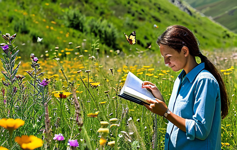 A professional entomologist, fully clothed in appropriate, modest outdoor attire, gently observing vibrant butterflies in a sun-drenched, biodiverse summer meadow in Anatolia. The meadow is abundant with colorful wildflowers, and various species of butterflies, including Swallowtails and Painted Ladies, are gracefully fluttering around. The entomologist holds a field notebook and a magnifying glass, focused on discovery. A clear, blue sky overhead with soft, natural lighting. Perfect anatomy, correct proportions, natural pose, well-formed hands, proper finger count, natural body proportions, fully clothed, modest clothing, appropriate attire, professional dress. Professional nature photography, high quality, intricate details, safe for work, appropriate content, family-friendly.