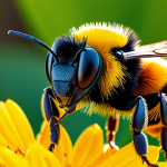 A highly detailed macro photograph of a bumblebee's compound eye, showcasing the intricate hexagonal ommatidia structure. The bumblebee is in a natural pose, hovering near a vibrant, sunlit flower in a garden setting, fully clothed (referring to its natural insect form, modest and appropriate), perfect anatomy, correct proportions, safe for work, appropriate content, family-friendly. The background is a soft-focus blend of green foliage and distant flowers. Professional studio lighting, ultra-high resolution, sharp focus, intricate details, natural color palette, scientific illustration quality.