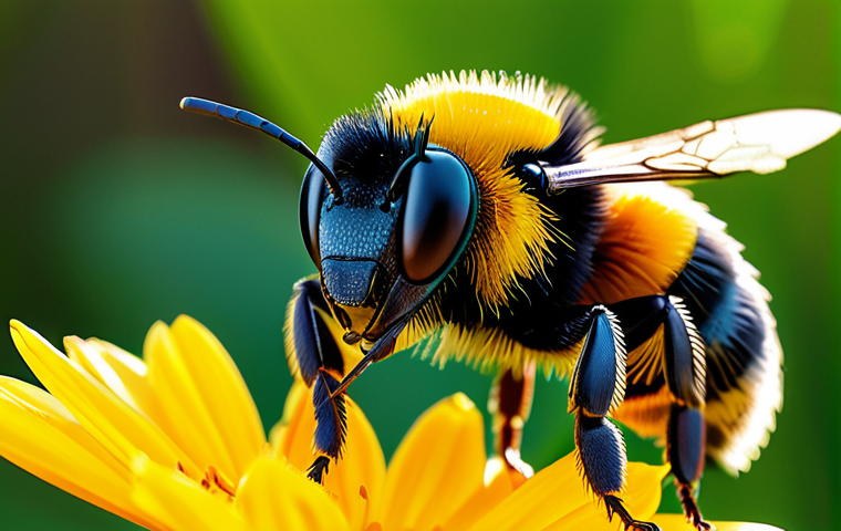 A highly detailed macro photograph of a bumblebee's compound eye, showcasing the intricate hexagonal ommatidia structure. The bumblebee is in a natural pose, hovering near a vibrant, sunlit flower in a garden setting, fully clothed (referring to its natural insect form, modest and appropriate), perfect anatomy, correct proportions, safe for work, appropriate content, family-friendly. The background is a soft-focus blend of green foliage and distant flowers. Professional studio lighting, ultra-high resolution, sharp focus, intricate details, natural color palette, scientific illustration quality.