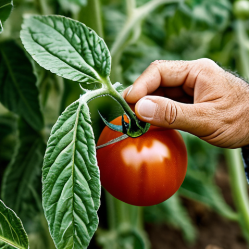 Home 9 Larva Stage & Agriculture**
A lush field in Turkey, perhaps near Antalya, with plump tomato plants. Focus on a close-up of a *Tuta absoluta* larva (tomato leafminer) feeding on a tomato leaf. The larva is small but clearly visible. The background shows a farmer, fully clothed in traditional Turkish agricultural attire, inspecting the crop. Emphasize the life cycle aspect. Safe for work, appropriate content, fully clothed, professional, natural proportions, perfect anatomy, well-formed hands.
**