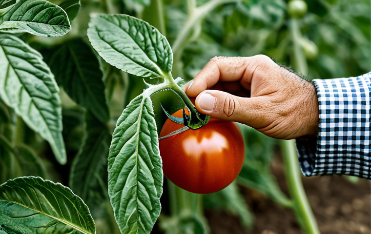 Larva Stage & Agriculture**
A lush field in Turkey, perhaps near Antalya, with plump tomato plants. Focus on a close-up of a *Tuta absoluta* larva (tomato leafminer) feeding on a tomato leaf. The larva is small but clearly visible. The background shows a farmer, fully clothed in traditional Turkish agricultural attire, inspecting the crop. Emphasize the life cycle aspect. Safe for work, appropriate content, fully clothed, professional, natural proportions, perfect anatomy, well-formed hands.
**