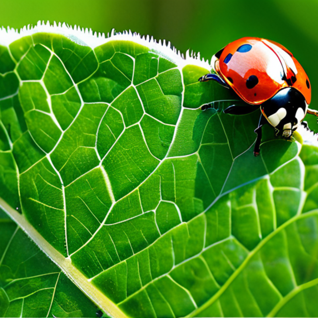 곤충의 유전자 조작 사례 - Genetically Modified Ladybug Protecting Crops**
"A close-up of a vibrant red ladybug with unique, s...