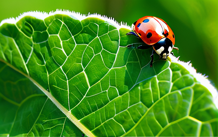 곤충의 유전자 조작 사례 - Genetically Modified Ladybug Protecting Crops**
"A close-up of a vibrant red ladybug with unique, s...