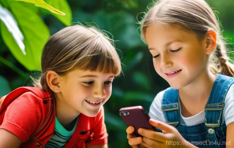 곤충 관련 애플리케이션 - A joyful scene in a sun-dappled botanical garden, featuring two children, a boy and a girl, both aro...